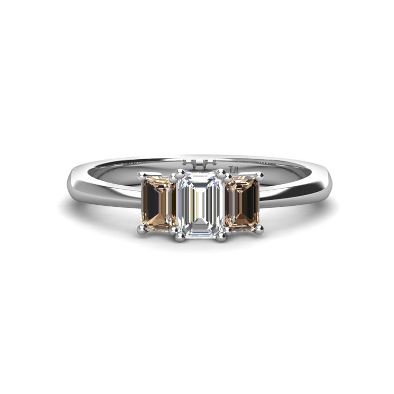 Daria 6x4 mm Emerald Cut Diamond and Smoky Quartz Side Gallery Work Three Stone Engagement Ring 