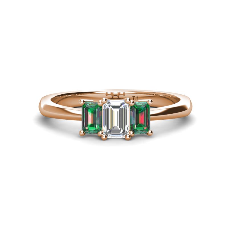 Daria 6x4 mm Emerald Cut Certified Lab Grown Diamond and Lab Created Alexandrite Side Gallery Work Three Stone Engagement Ring 