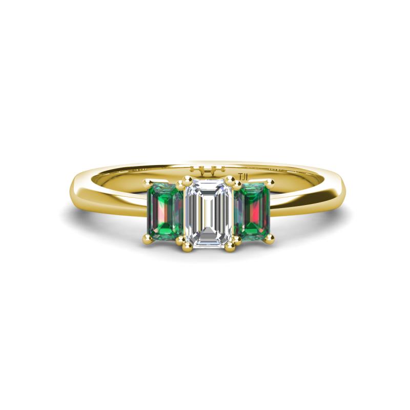 Daria 6x4 mm Emerald Cut Certified Lab Grown Diamond and Lab Created Alexandrite Side Gallery Work Three Stone Engagement Ring 