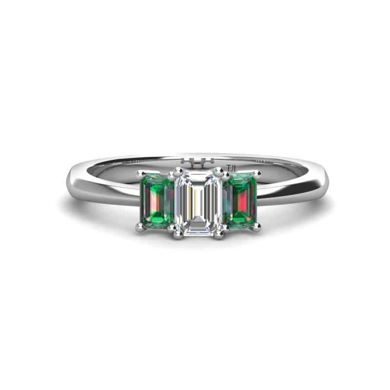 Daria 6x4 mm Emerald Cut Certified Lab Grown Diamond and Lab Created Alexandrite Side Gallery Work Three Stone Engagement Ring 