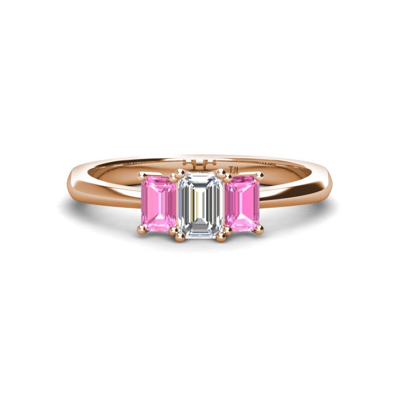 Daria 6x4 mm Emerald Cut Certified Lab Grown Diamond and Pink Sapphire Side Gallery Work Three Stone Engagement Ring 