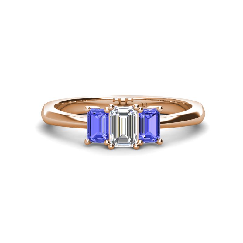 Daria 6x4 mm Emerald Cut Certified Lab Grown Diamond and Tanzanite Side Gallery Work Three Stone Engagement Ring 