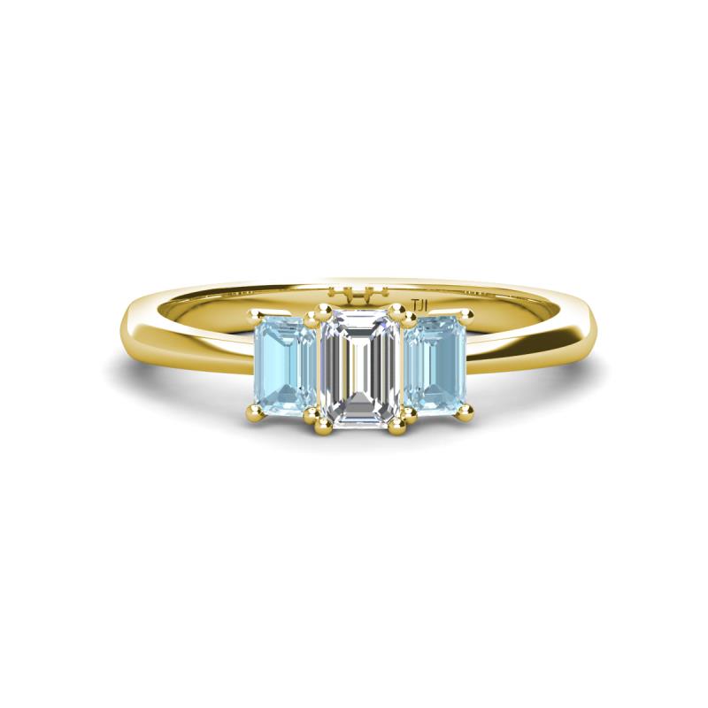 Daria 6x4 mm Emerald Cut Certified Lab Grown Diamond and Aquamarine Side Gallery Work Three Stone Engagement Ring 