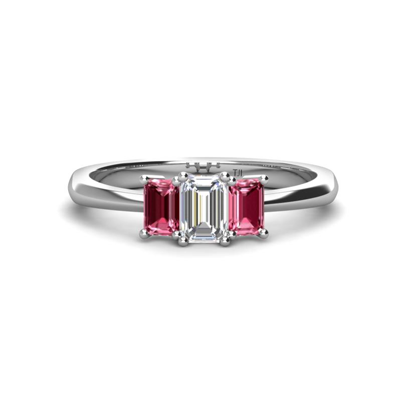 Daria 6x4 mm Emerald Cut Certified Lab Grown Diamond and Pink Tourmaline Side Gallery Work Three Stone Engagement Ring 