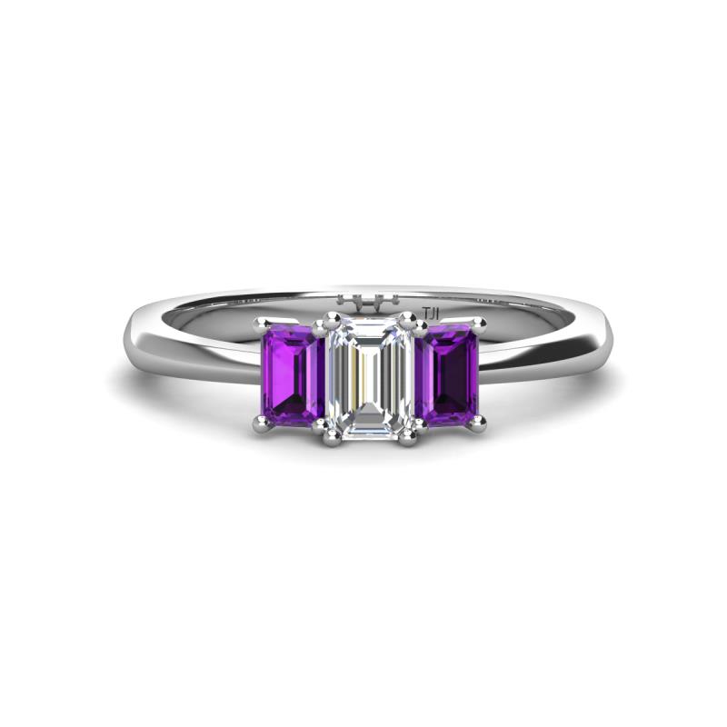 Daria 6x4 mm Emerald Cut Certified Lab Grown Diamond and Amethyst Side Gallery Work Three Stone Engagement Ring 