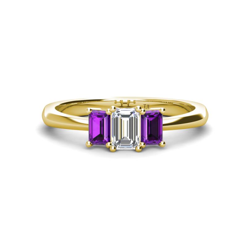 Daria 6x4 mm Emerald Cut Certified Lab Grown Diamond and Amethyst Side Gallery Work Three Stone Engagement Ring 