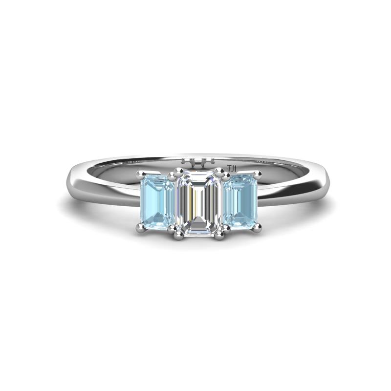 Daria 6x4 mm Emerald Cut Certified Lab Grown Diamond and Aquamarine Side Gallery Work Three Stone Engagement Ring 