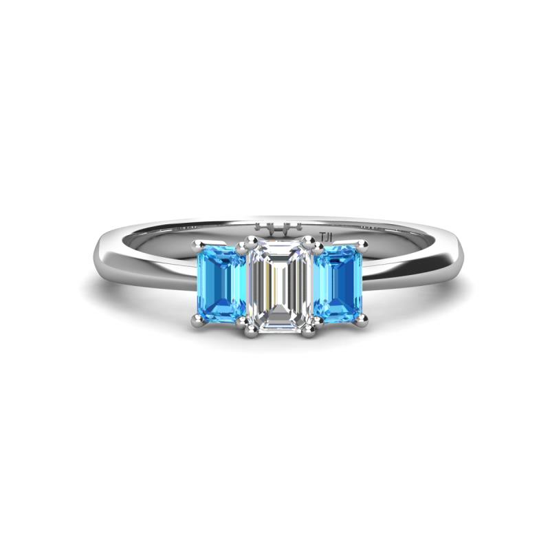 Daria 6x4 mm Emerald Cut Certified Lab Grown Diamond and Blue Topaz Side Gallery Work Three Stone Engagement Ring 