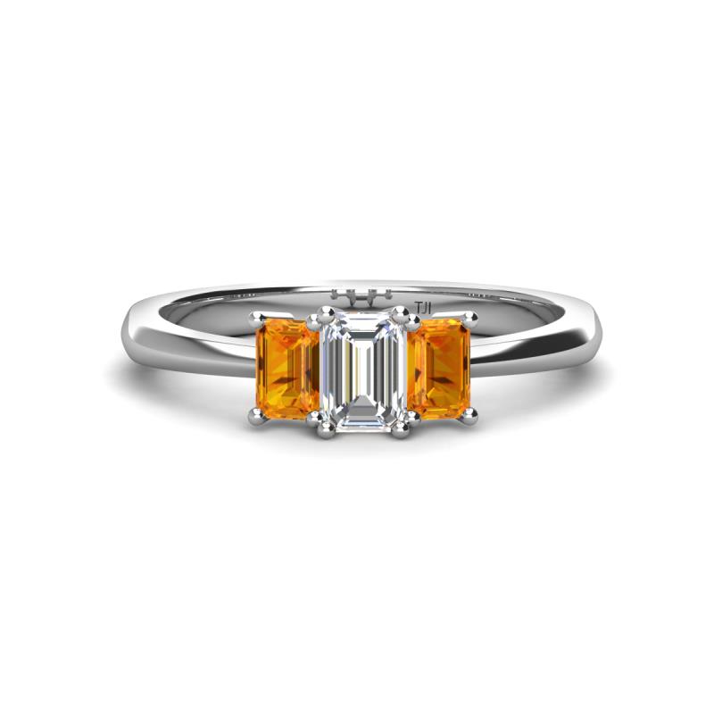 Daria 6x4 mm Emerald Cut Certified Lab Grown Diamond and Citrine Side Gallery Work Three Stone Engagement Ring 