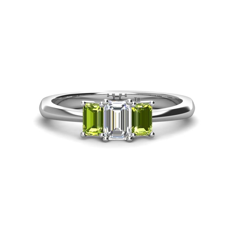 Daria 6x4 mm Emerald Cut Certified Lab Grown Diamond and Peridot Side Gallery Work Three Stone Engagement Ring 