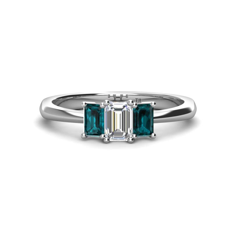 Daria 6x4 mm Emerald Cut Certified Lab Grown Diamond and London Blue Topaz Side Gallery Work Three Stone Engagement Ring 