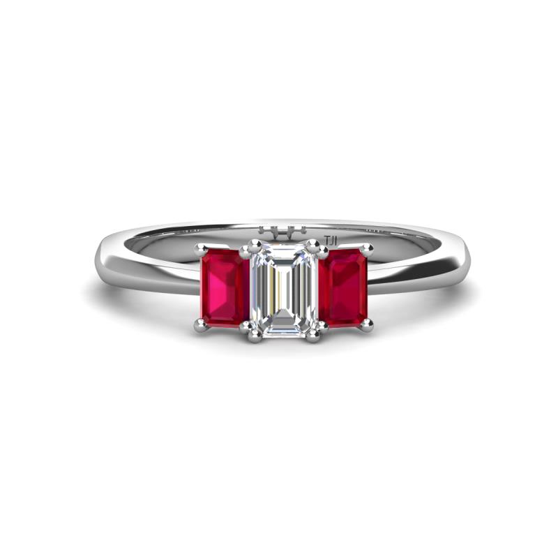 Daria 6x4 mm Emerald Cut Certified Lab Grown Diamond and Ruby Side Gallery Work Three Stone Engagement Ring 