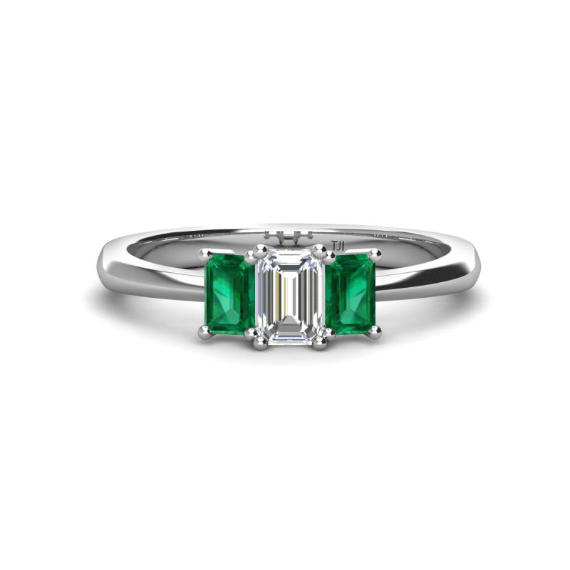 Daria 6x4 mm Emerald Cut Certified Lab Grown Diamond and Emerald Side Gallery Work Three Stone Engagement Ring 