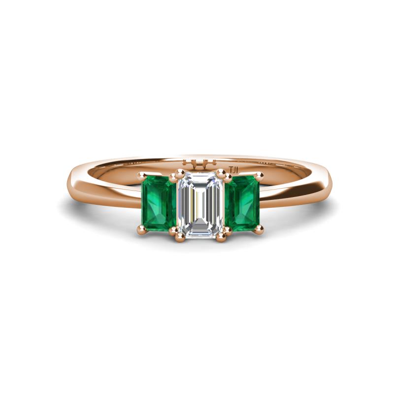 Daria 6x4 mm Emerald Cut Certified Lab Grown Diamond and Emerald Side Gallery Work Three Stone Engagement Ring 