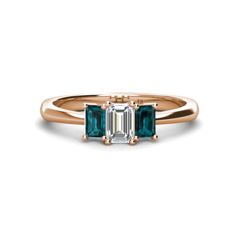 Daria 6x4 mm Emerald Cut Certified Lab Grown Diamond and London Blue Topaz Side Gallery Work Three Stone Engagement Ring 