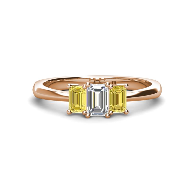 Daria 6x4 mm Emerald Cut Certified Lab Grown Diamond and Yellow Sapphire Side Gallery Work Three Stone Engagement Ring 