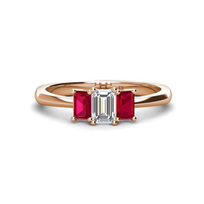 Daria 6x4 mm Emerald Cut Certified Lab Grown Diamond and Ruby Side Gallery Work Three Stone Engagement Ring 