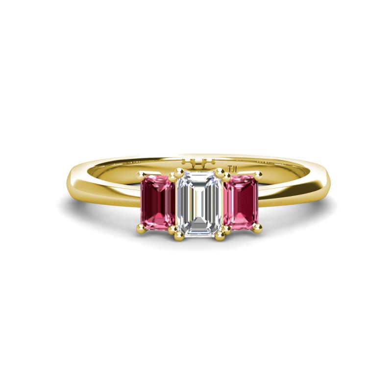 Daria 6x4 mm Emerald Cut Certified Lab Grown Diamond and Pink Tourmaline Side Gallery Work Three Stone Engagement Ring 