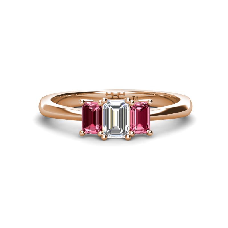 Daria 6x4 mm Emerald Cut Certified Lab Grown Diamond and Pink Tourmaline Side Gallery Work Three Stone Engagement Ring 