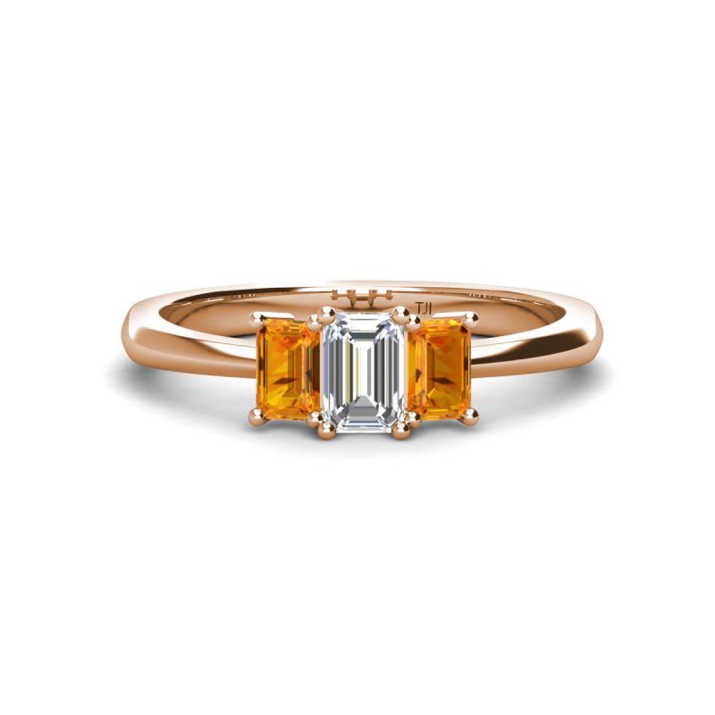 Daria 6x4 mm Emerald Cut Certified Lab Grown Diamond and Citrine Side Gallery Work Three Stone Engagement Ring 