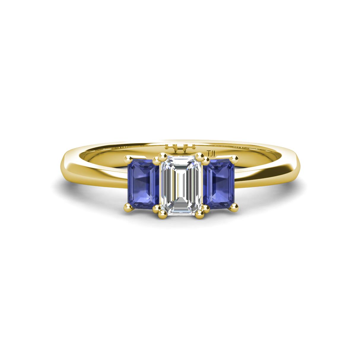 Daria 6x4 mm Emerald Cut Certified Lab Grown Diamond and Iolite Side Gallery Work Three Stone Engagement Ring 