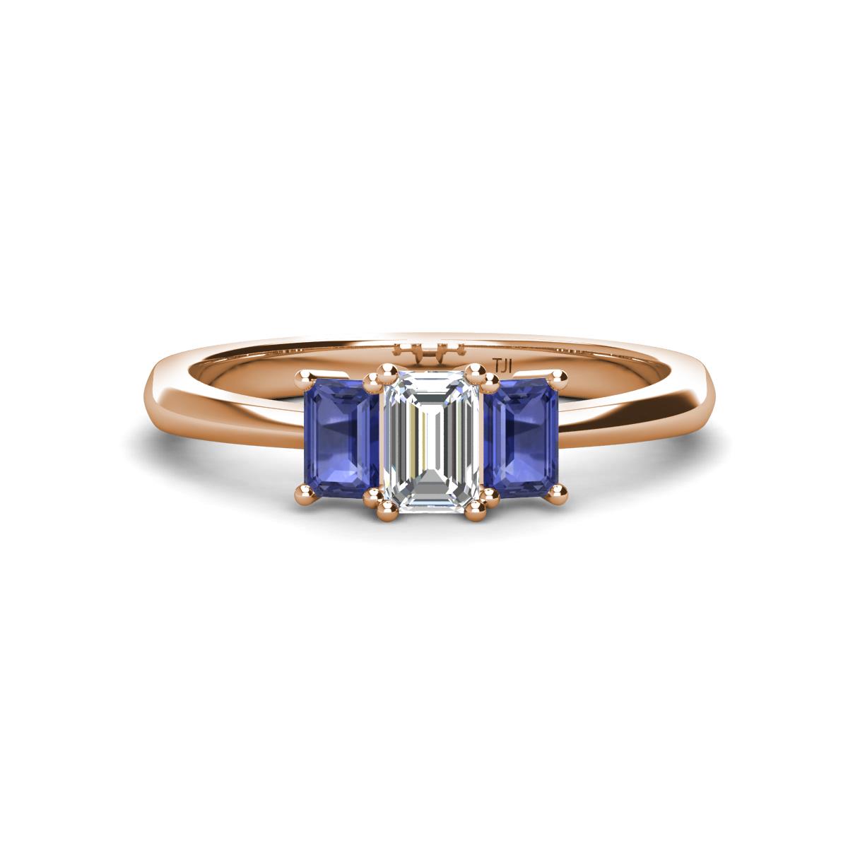 Daria 6x4 mm Emerald Cut Certified Lab Grown Diamond and Iolite Side Gallery Work Three Stone Engagement Ring 