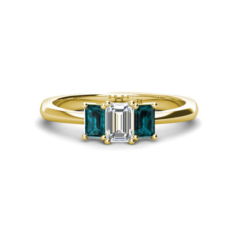 Daria 6x4 mm Emerald Cut Certified Lab Grown Diamond and London Blue Topaz Side Gallery Work Three Stone Engagement Ring 
