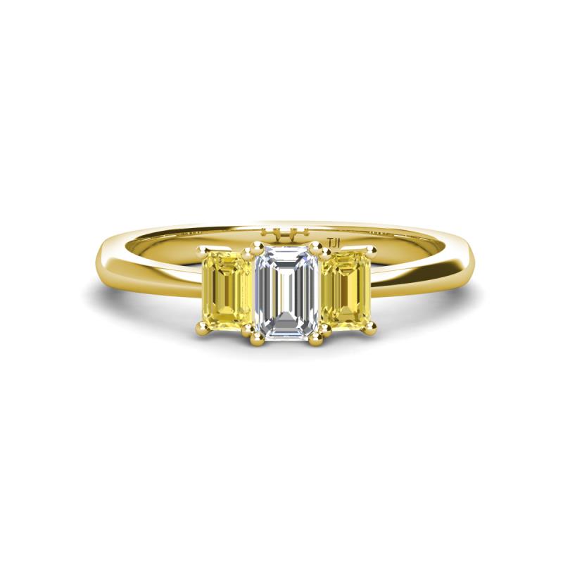 Daria 6x4 mm Emerald Cut Certified Lab Grown Diamond and Yellow Sapphire Side Gallery Work Three Stone Engagement Ring 