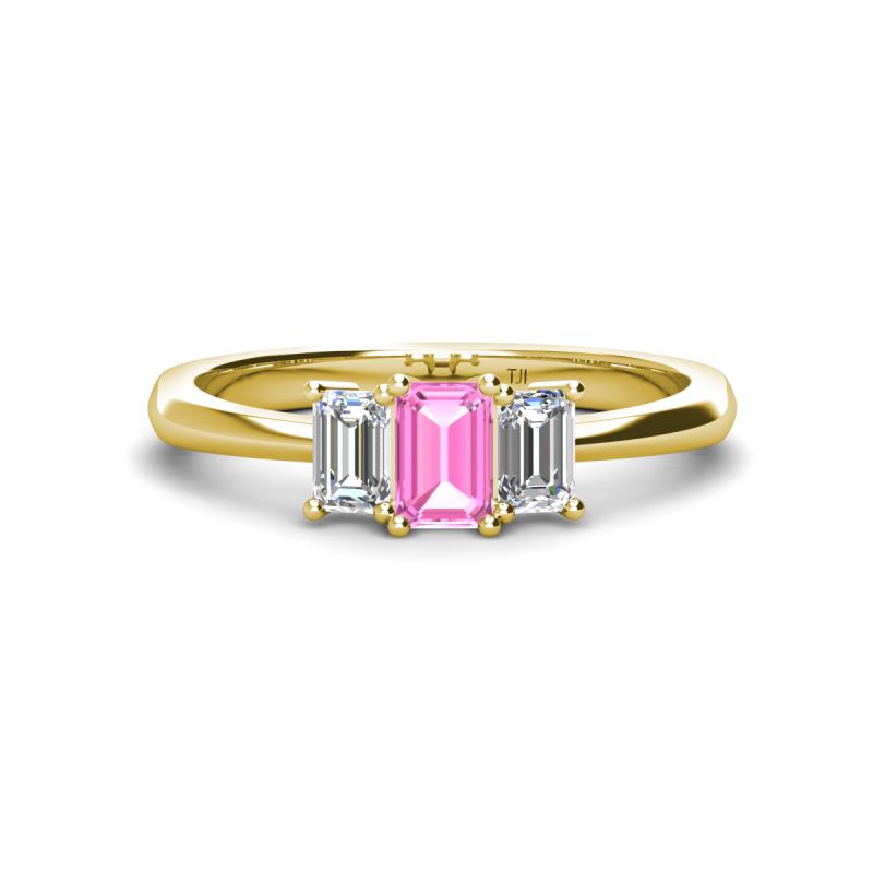 Daria 6x4 mm Emerald Cut Pink Sapphire and Diamond Side Gallery Work Three Stone Engagement Ring 