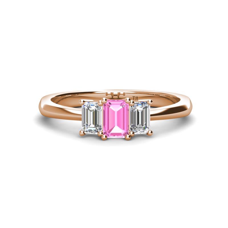 Daria 6x4 mm Emerald Cut Pink Sapphire and Diamond Side Gallery Work Three Stone Engagement Ring 