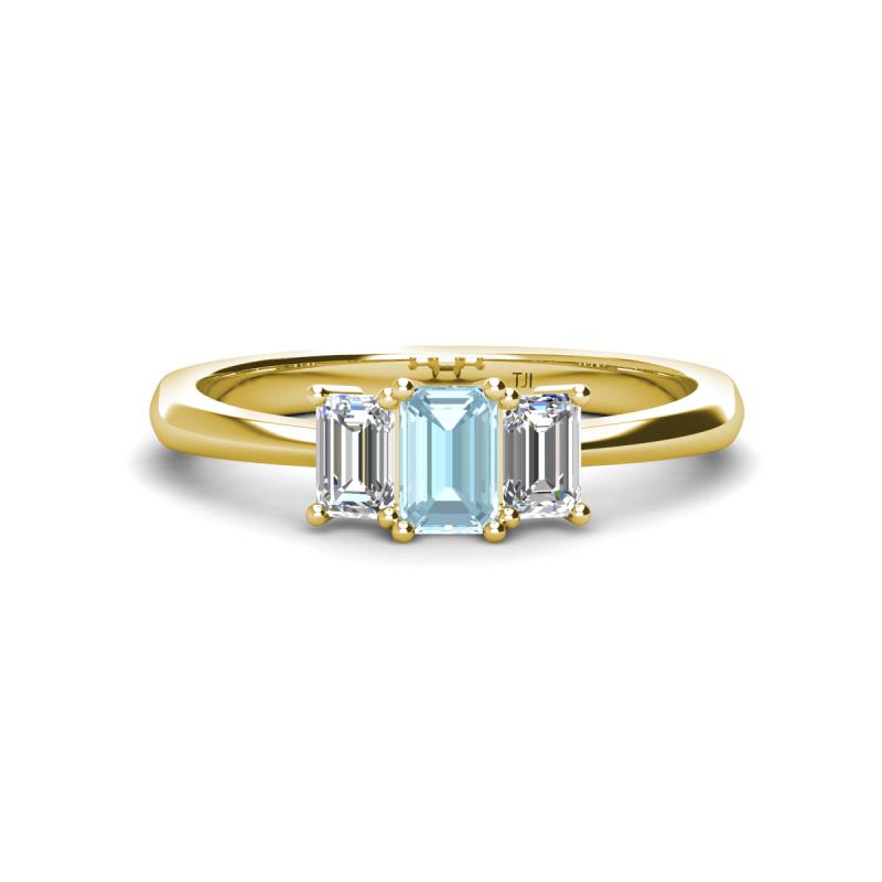 Daria 6x4 mm Emerald Cut Aquamarine and Diamond Side Gallery Work Three Stone Engagement Ring 