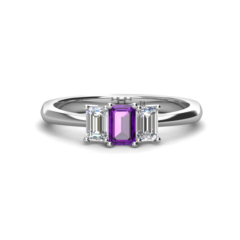 Daria 6x4 mm Emerald Cut Amethyst and Diamond Side Gallery Work Three Stone Engagement Ring 