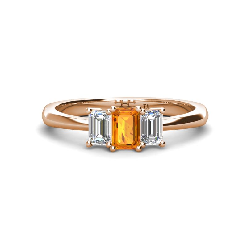 Daria 6x4 mm Emerald Cut Citrine and Diamond Side Gallery Work Three Stone Engagement Ring 