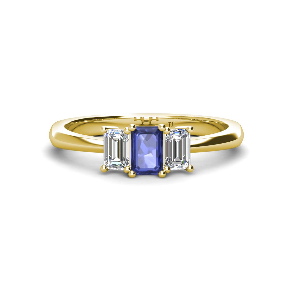 Daria 6x4 mm Emerald Cut Iolite and Diamond Side Gallery Work Three Stone Engagement Ring 