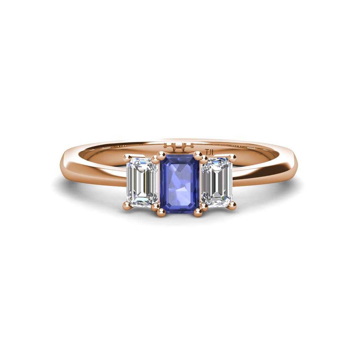 Daria 6x4 mm Emerald Cut Iolite and Diamond Side Gallery Work Three Stone Engagement Ring 