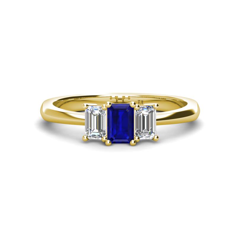 Daria 6x4 mm Emerald Cut Blue Sapphire and Diamond Side Gallery Work Three Stone Engagement Ring 