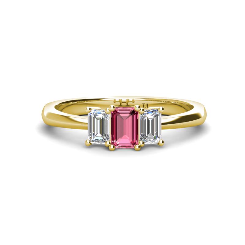 Daria 6x4 mm Emerald Cut Pink Tourmaline and Diamond Side Gallery Work Three Stone Engagement Ring 