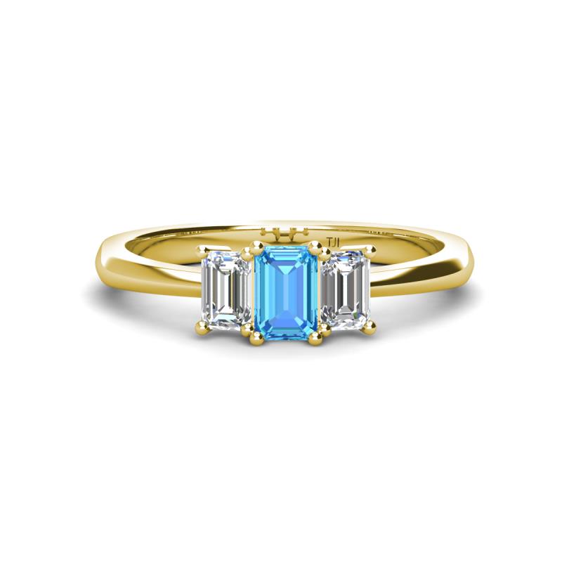 Daria 6x4 mm Emerald Cut Blue Topaz and Diamond Side Gallery Work Three Stone Engagement Ring 