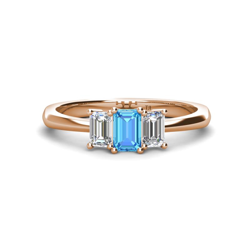 Daria 6x4 mm Emerald Cut Blue Topaz and Diamond Side Gallery Work Three Stone Engagement Ring 