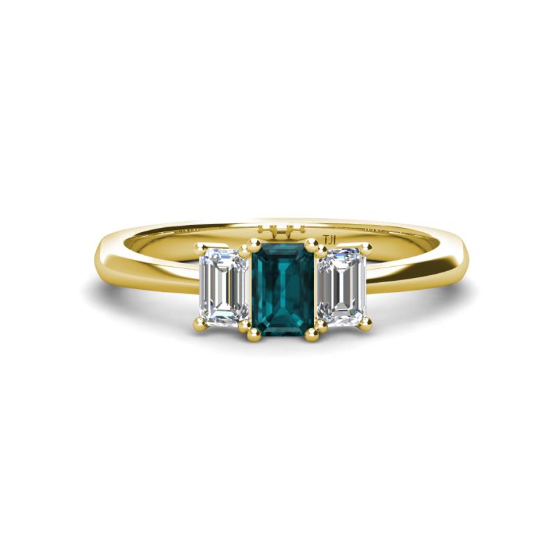 Daria 6x4 mm Emerald Cut London Blue Topaz and Diamond Side Gallery Work Three Stone Engagement Ring 