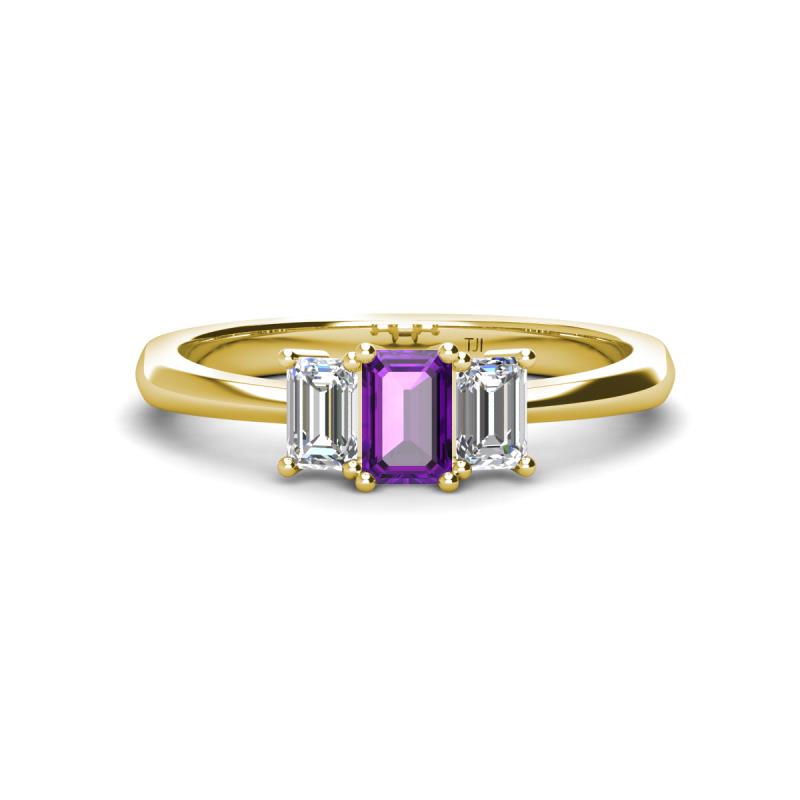 Daria 6x4 mm Emerald Cut Amethyst and Lab Grown Diamond Side Gallery Work Three Stone Engagement Ring 