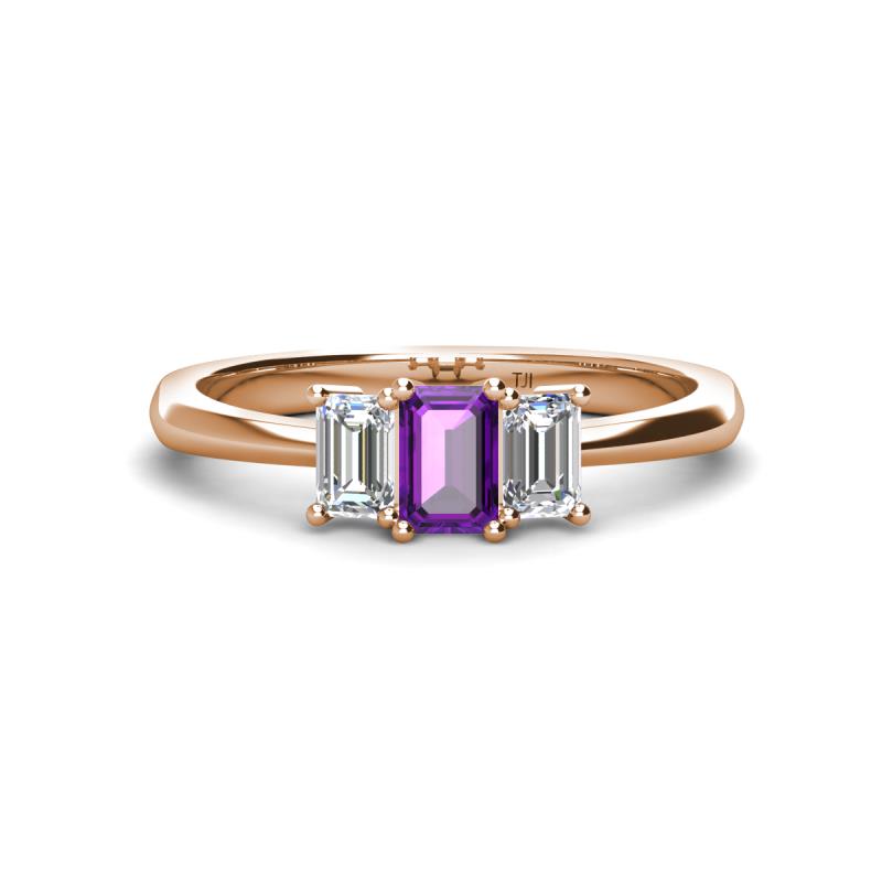 Daria 6x4 mm Emerald Cut Amethyst and Lab Grown Diamond Side Gallery Work Three Stone Engagement Ring 