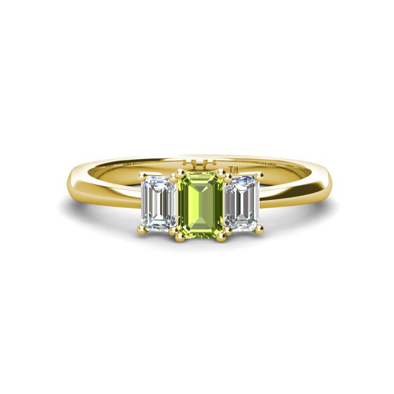 Daria 6x4 mm Emerald Cut Peridot and Lab Grown Diamond Side Gallery Work Three Stone Engagement Ring 