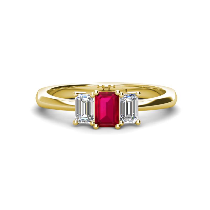 Daria 6x4 mm Emerald Cut Ruby and Lab Grown Diamond Side Gallery Work Three Stone Engagement Ring 