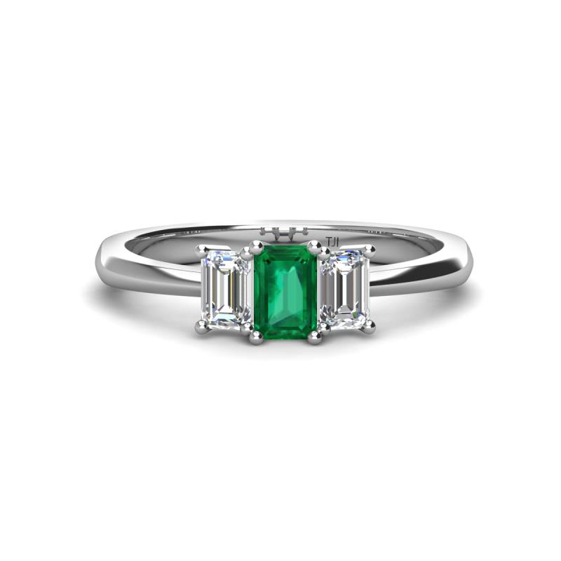 Daria 6x4 mm Emerald Cut Emerald and Diamond Side Gallery Work Three Stone Engagement Ring 