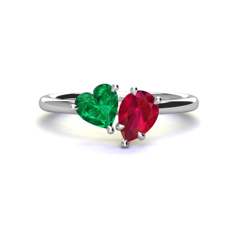 Sasha Heart & Pear Shape Created Emerald & Created Ruby 2 Stone Duo Ring 