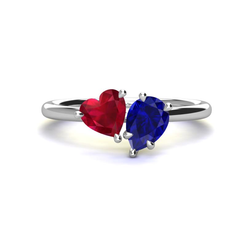 Sasha Heart & Pear Shape Created Ruby & Created Blue Sapphire 2 Stone Duo Ring 