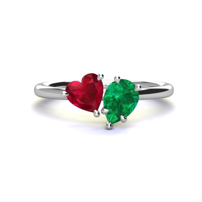 Sasha Heart & Pear Shape Created Ruby & Created Emerald 2 Stone Duo Ring 