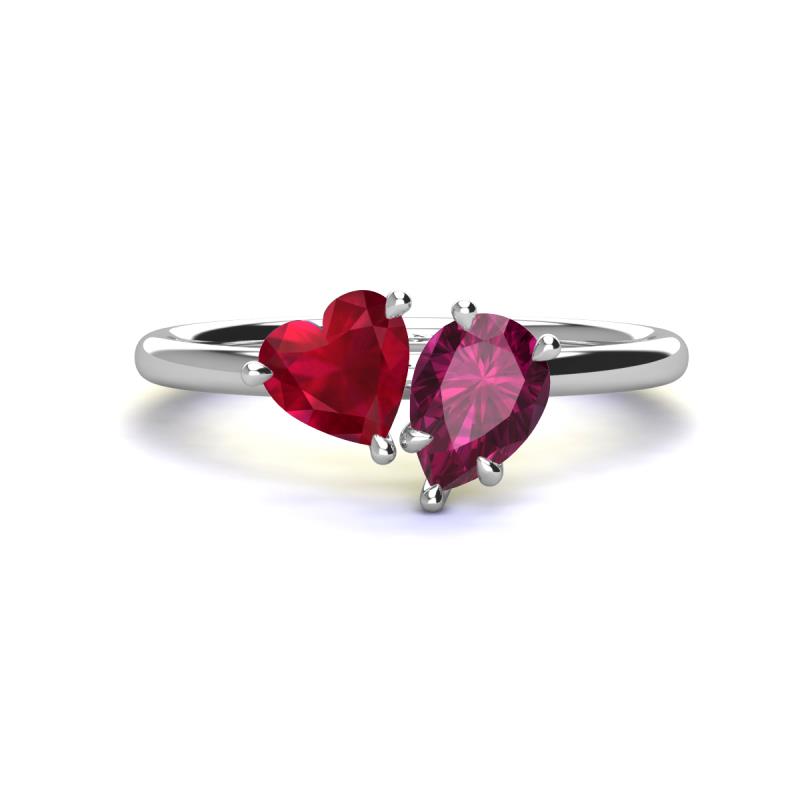 Sasha Heart Shape Lab Created Ruby & Pear Shape Rhodolite Garnet 2 Stone Duo Ring 