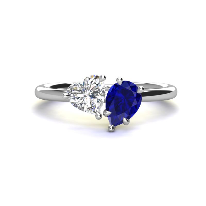 Sasha GIA Certified Heart Shape Diamond & Pear Shape Lab Created Blue Sapphire 2 Stone Duo Ring 
